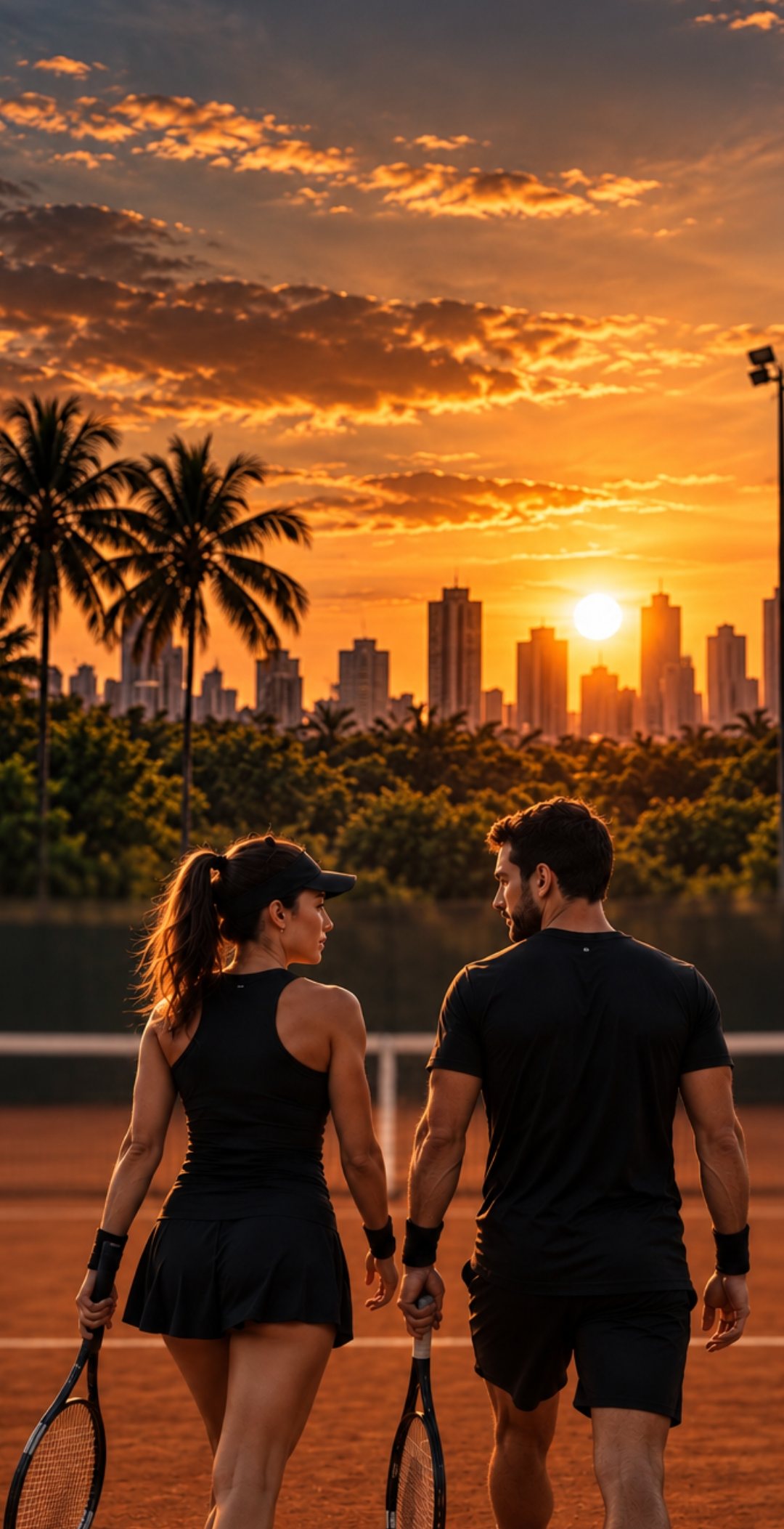 Dupla de atletas caminhando na quadra de saibro ao pôr do sol, com palmeiras e a cidade ao fundo